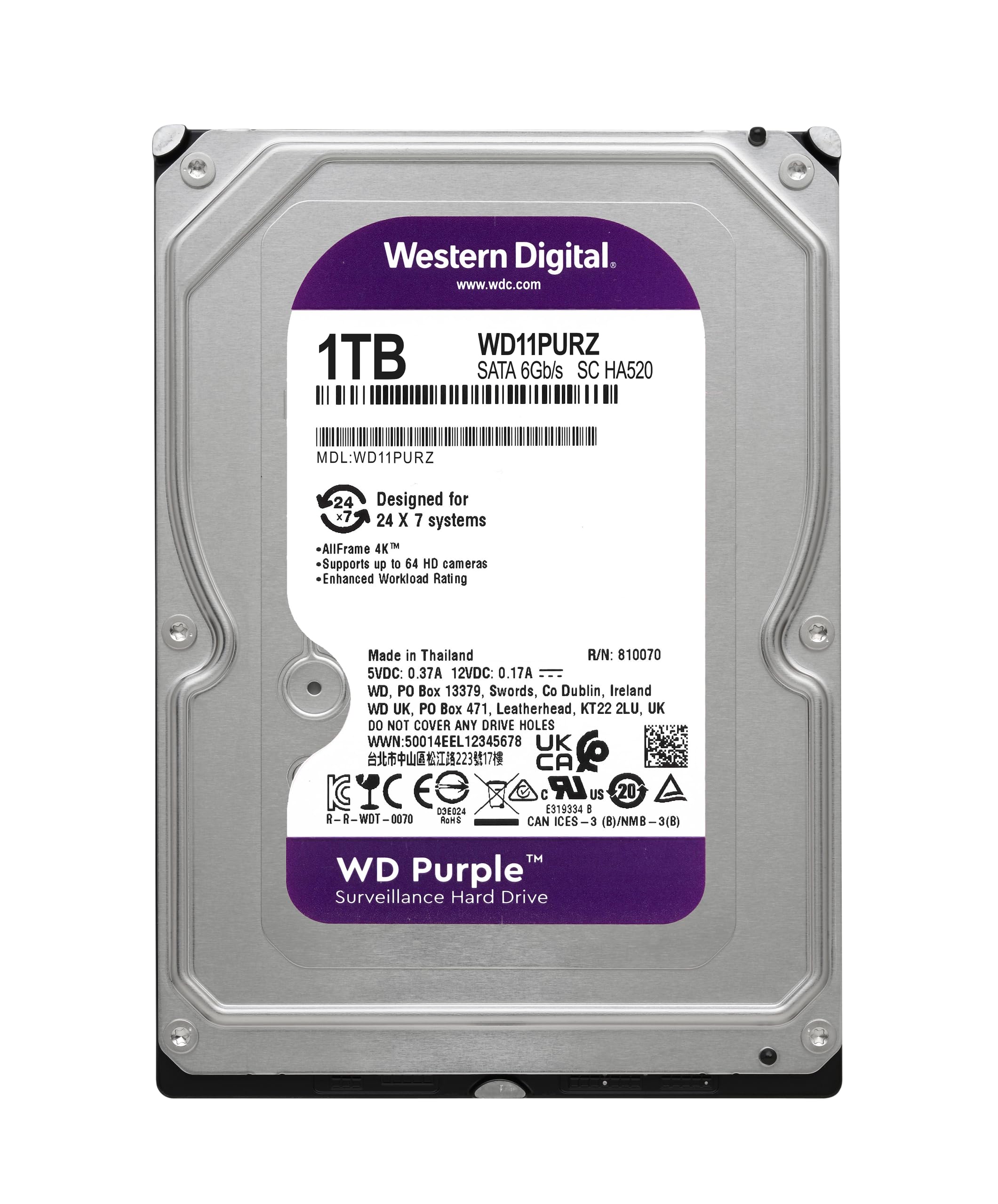 Disco Duro WD Purple 1TB WD11PURZ 3.5" SATA III 5400RPM 64MB para Videovigilancia